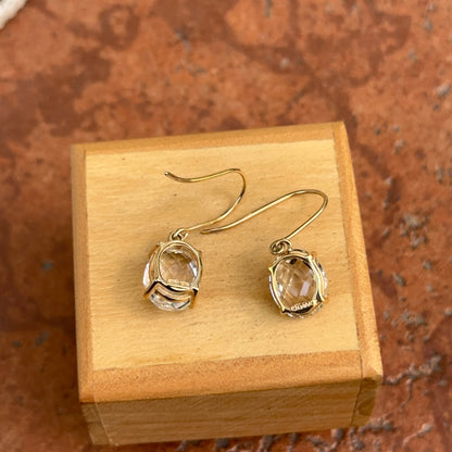 Estate 14KT Yellow Gold Checkerboard Faceted Oval White Topaz Dangle Earrings