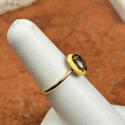 14KT Yellow Gold Oval Smoky Quartz + Yellow Enamel Ring