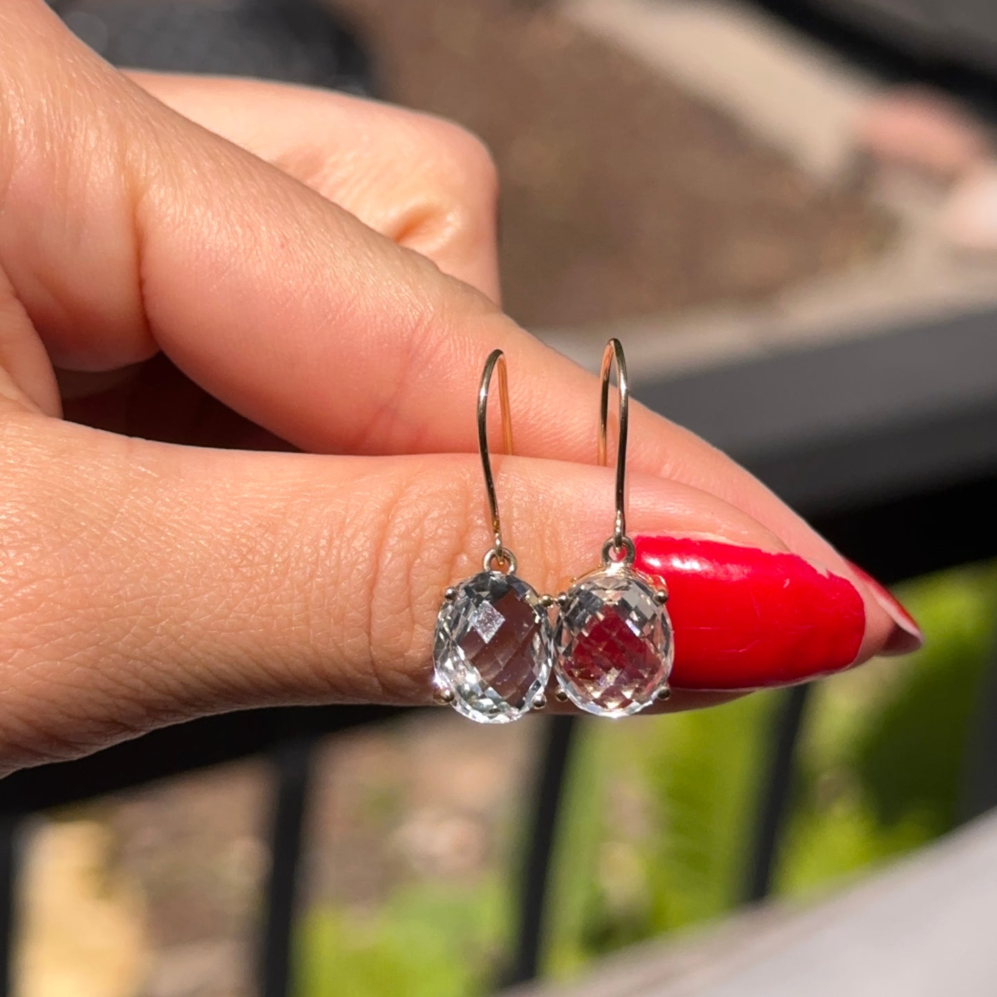 Estate 14KT Yellow Gold Checkerboard Faceted Oval White Topaz Dangle Earrings