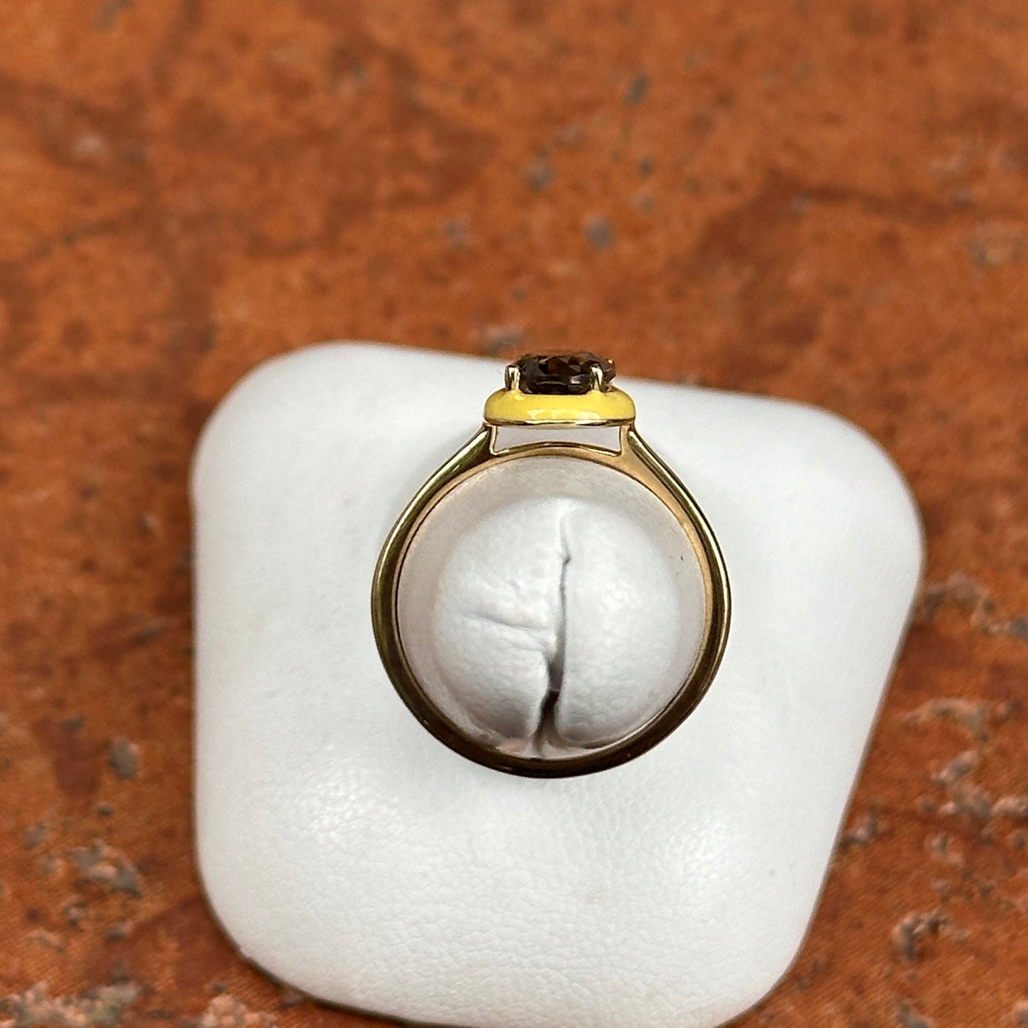 14KT Yellow Gold Oval Smoky Quartz + Yellow Enamel Ring