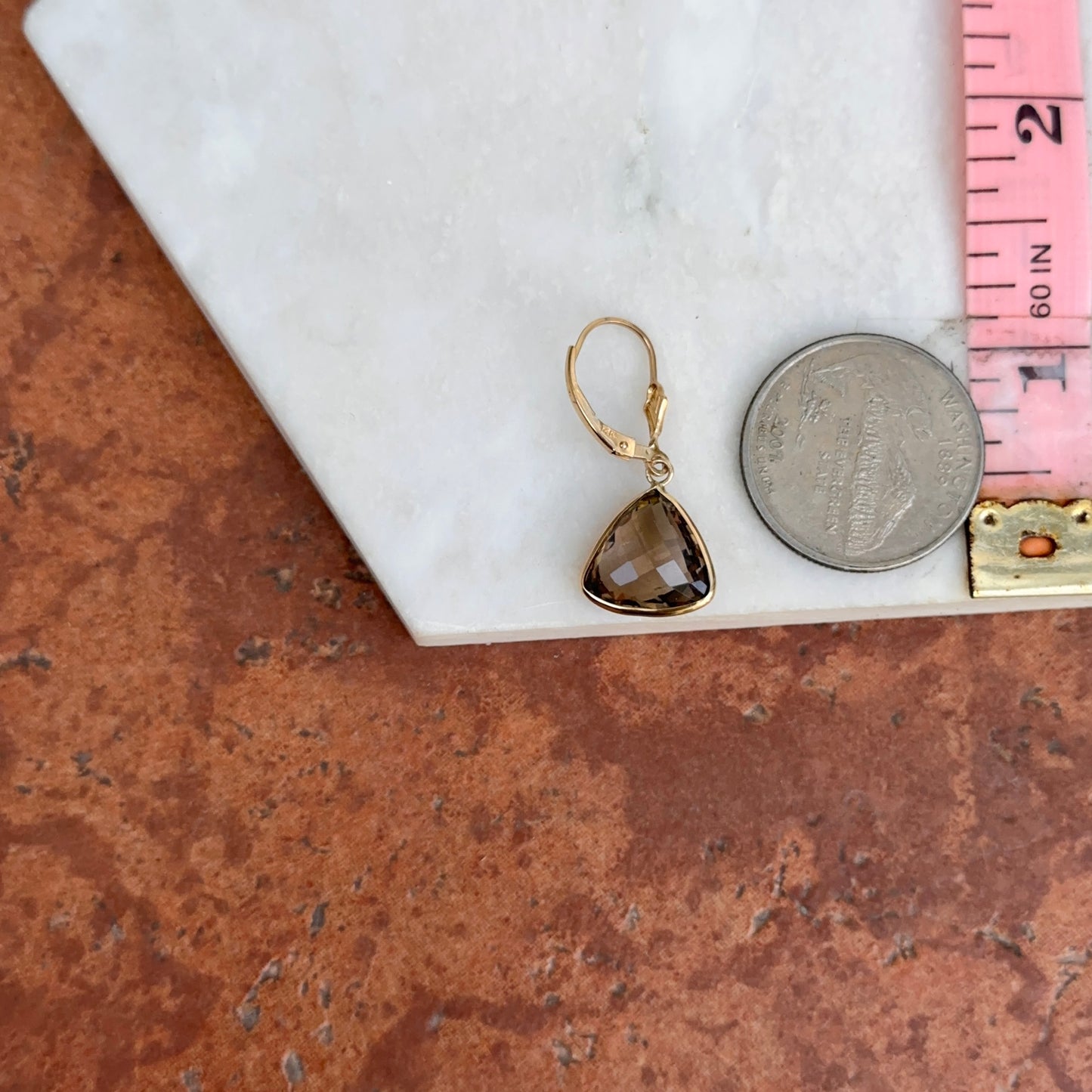 Estate 14KT Yellow Gold Checkerboard Trillion Smokey Quartz Dangle Earrings