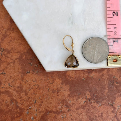 Estate 14KT Yellow Gold Checkerboard Trillion Smokey Quartz Dangle Earrings