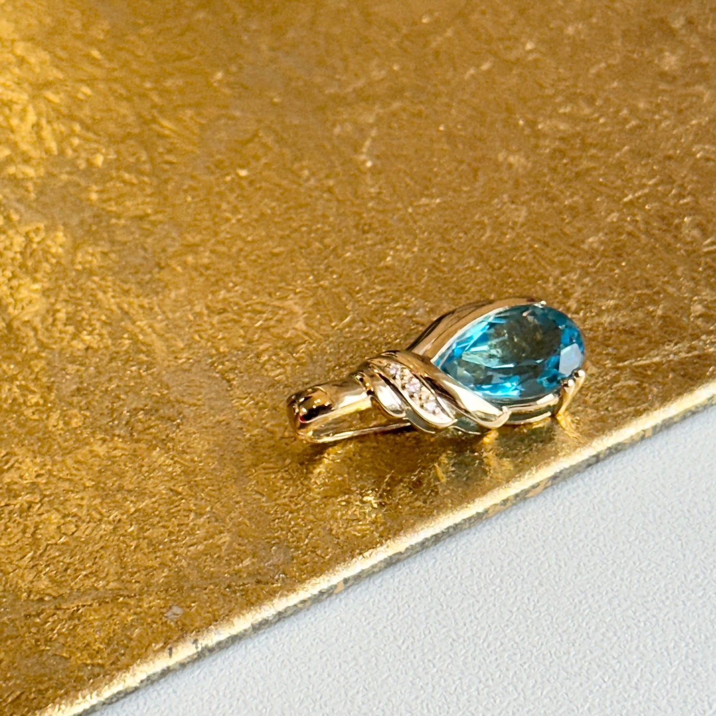 14KT Yellow Gold Teardrop Blue Topaz + Diamond Pendant Enhancer