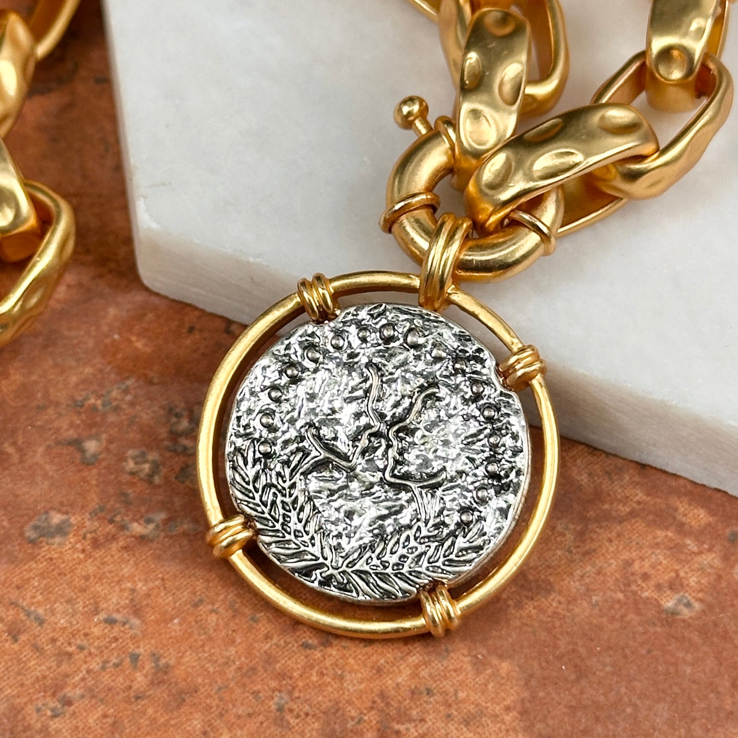 Estate Gold-Tone Replica Coin Chunky Toggle Chain Necklace