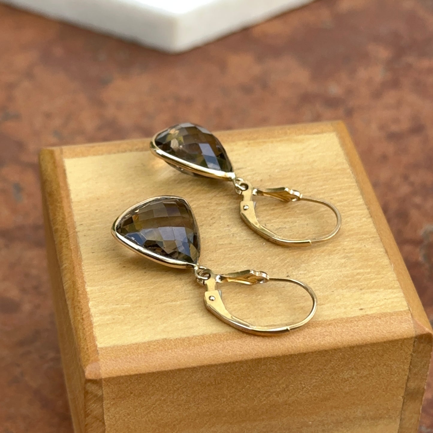 Estate 14KT Yellow Gold Checkerboard Trillion Smokey Quartz Dangle Earrings