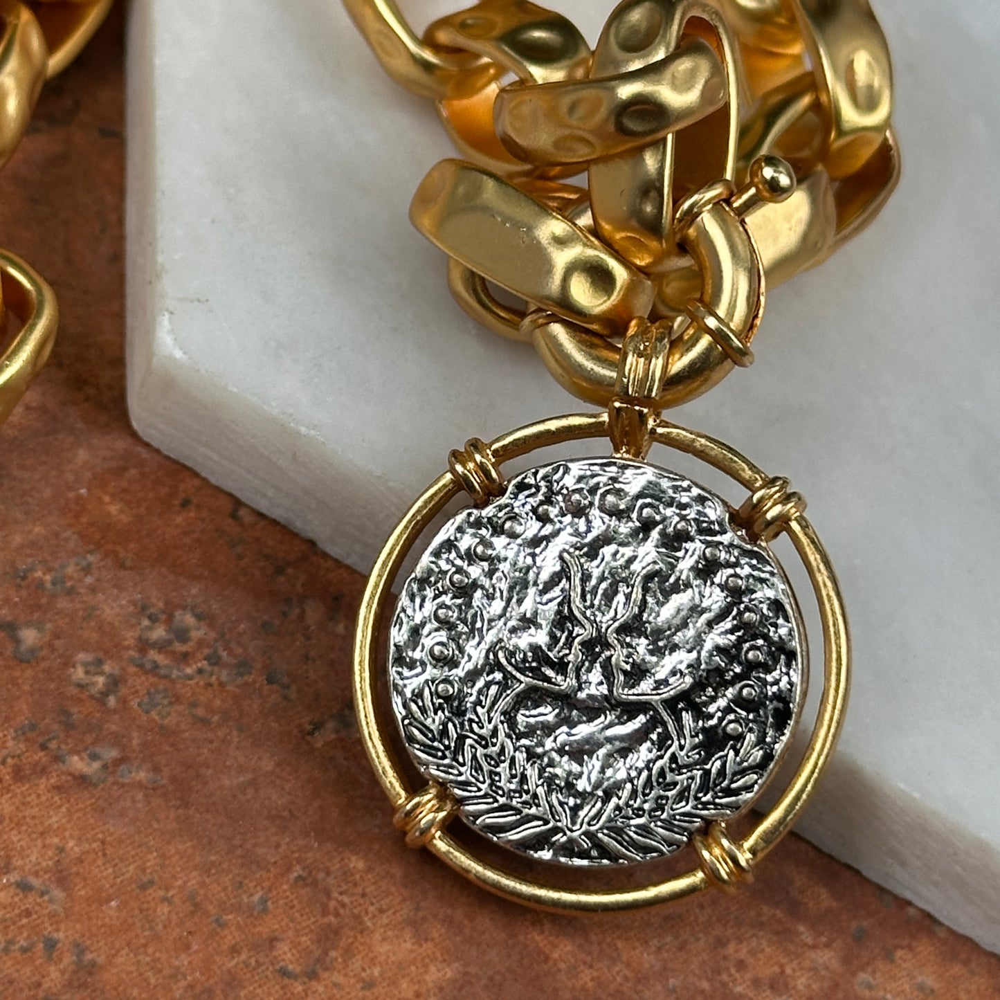 Estate Gold-Tone Replica Coin Chunky Toggle Chain Necklace