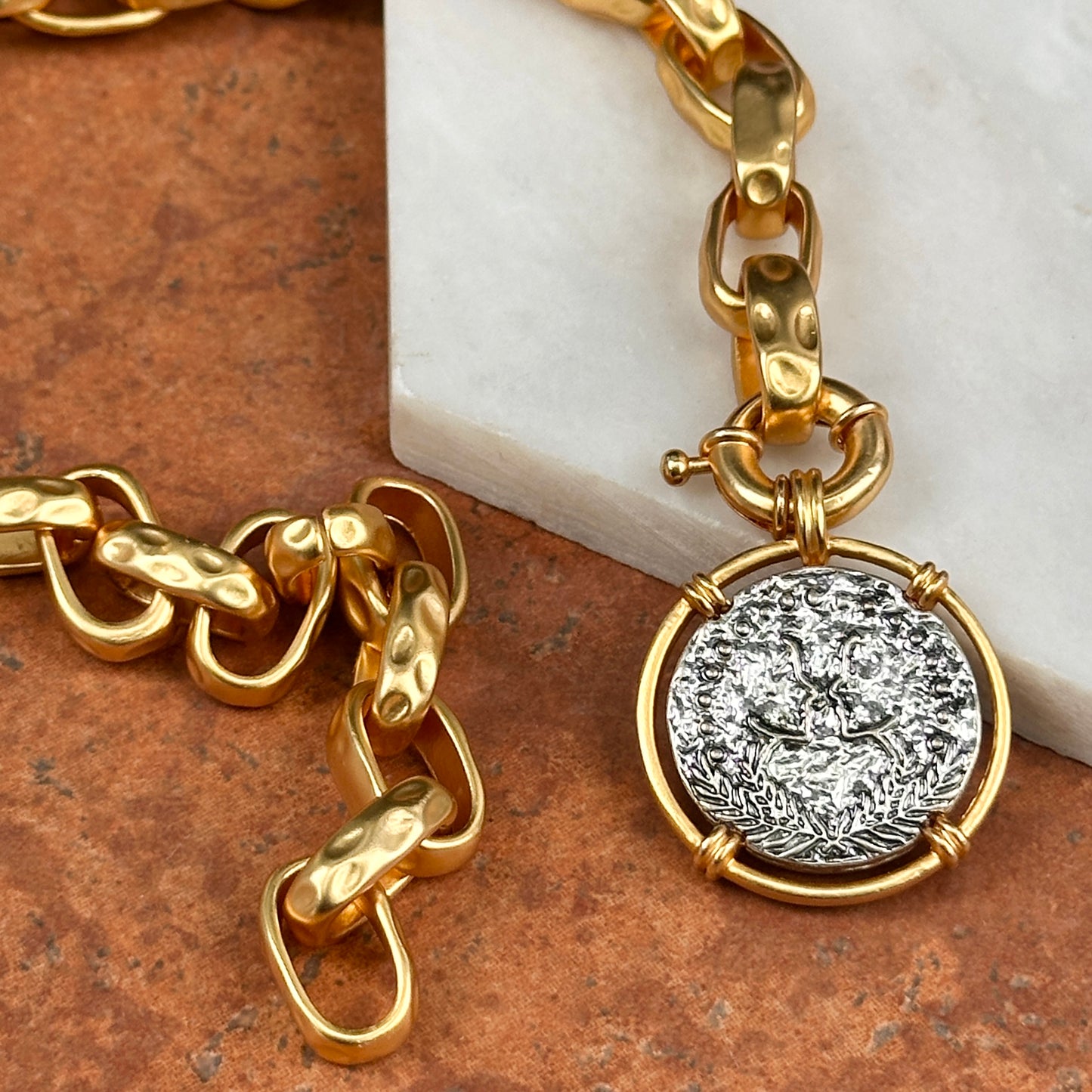 Estate Gold-Tone Replica Coin Chunky Toggle Chain Necklace