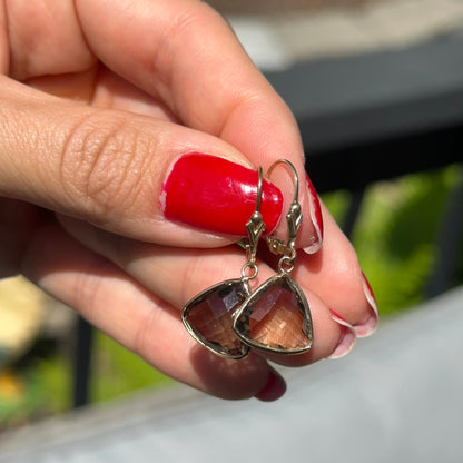 Estate 14KT Yellow Gold Checkerboard Trillion Smokey Quartz Dangle Earrings