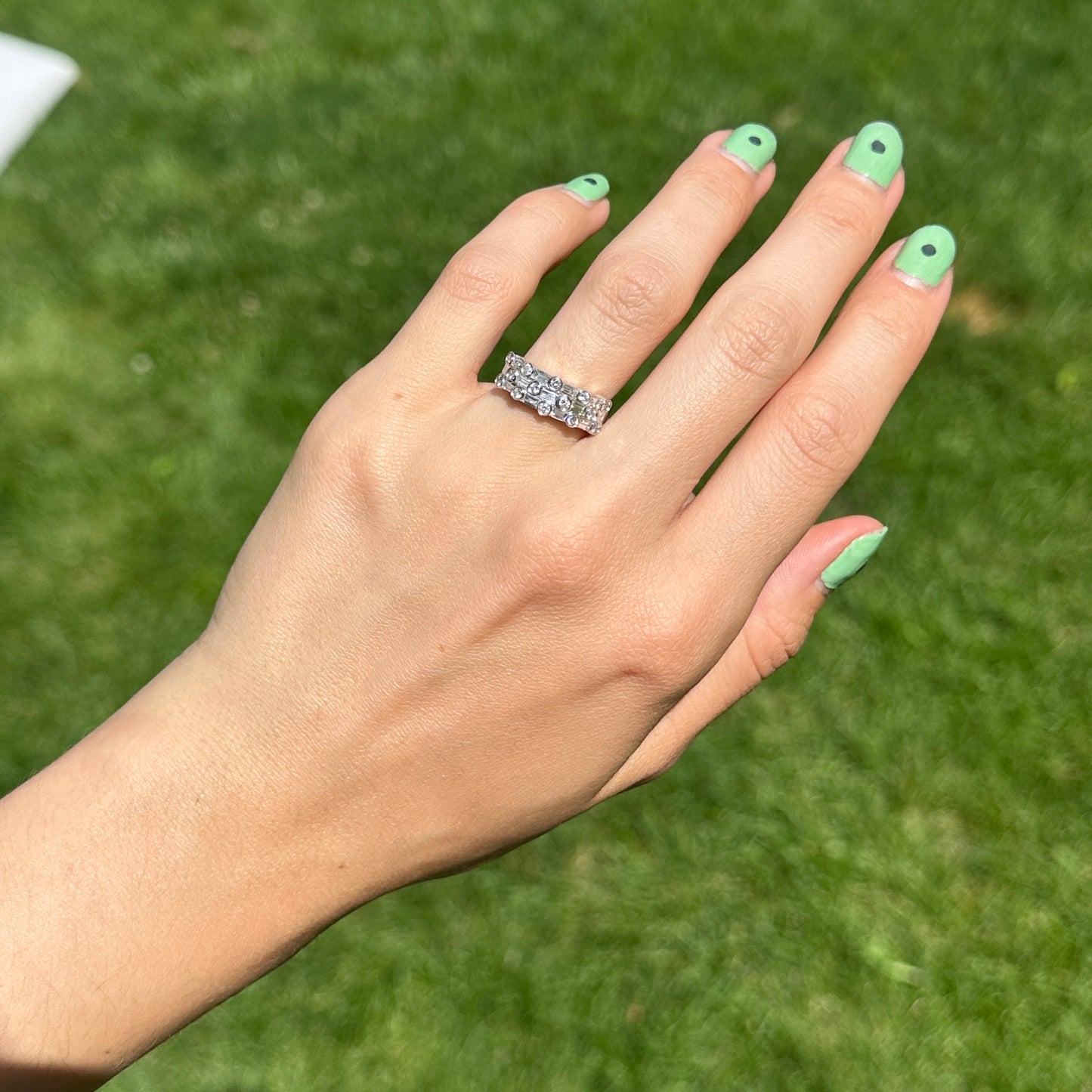 Estate 14KT White Gold Baguette & Round Bezel Set Diamond Band Ring