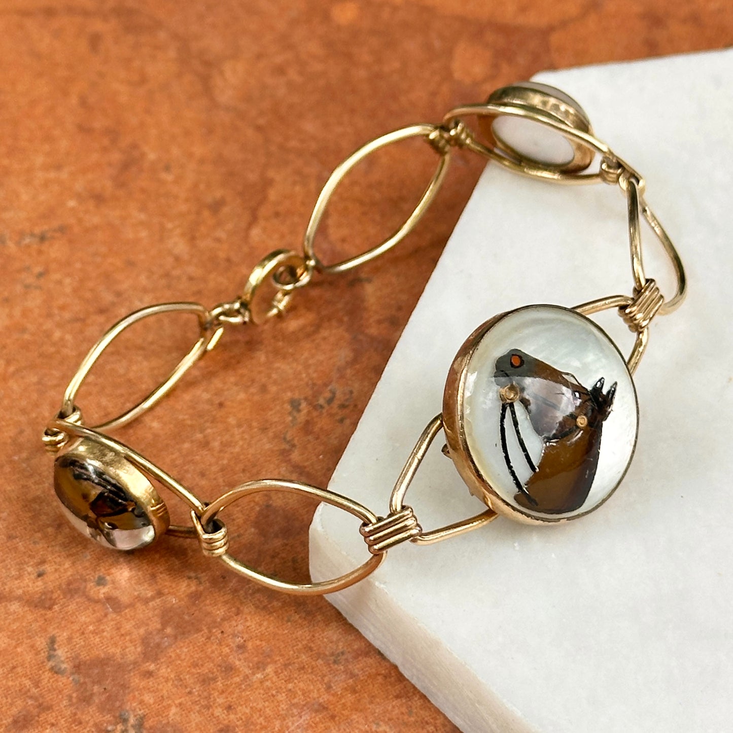 Estate 12K Gold-Filled Round Bubble Painted Horse Bracelet