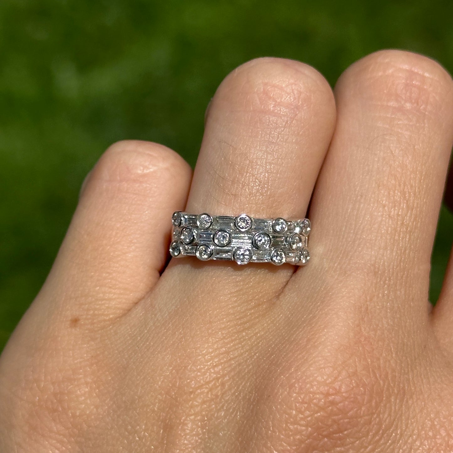 Estate 14KT White Gold Baguette & Round Bezel Set Diamond Band Ring