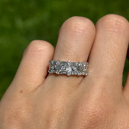 Estate 14KT White Gold Baguette & Round Bezel Set Diamond Band Ring