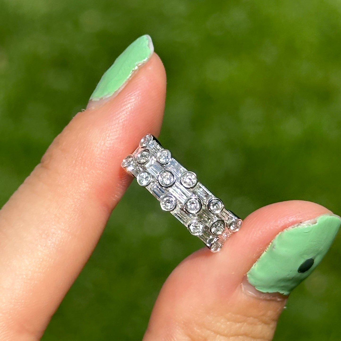 Estate 14KT White Gold Baguette & Round Bezel Set Diamond Band Ring