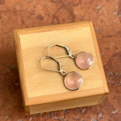 Estate 14KT Yellow Gold Checkerboard Round Pink Rose Quartz Dangle Earrings