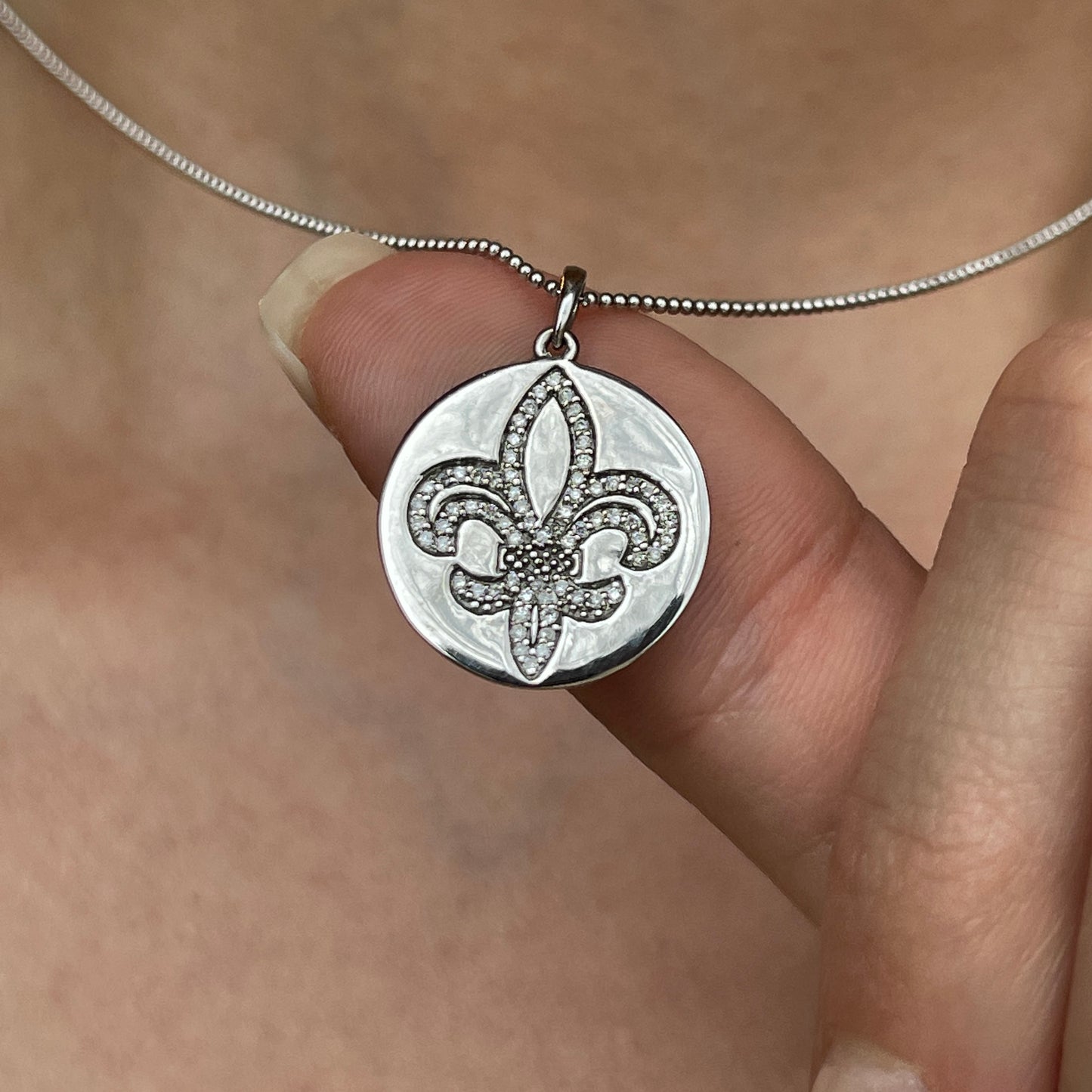 14KT White Gold Pave Diamond Fleur de Lis Design Round Pendant