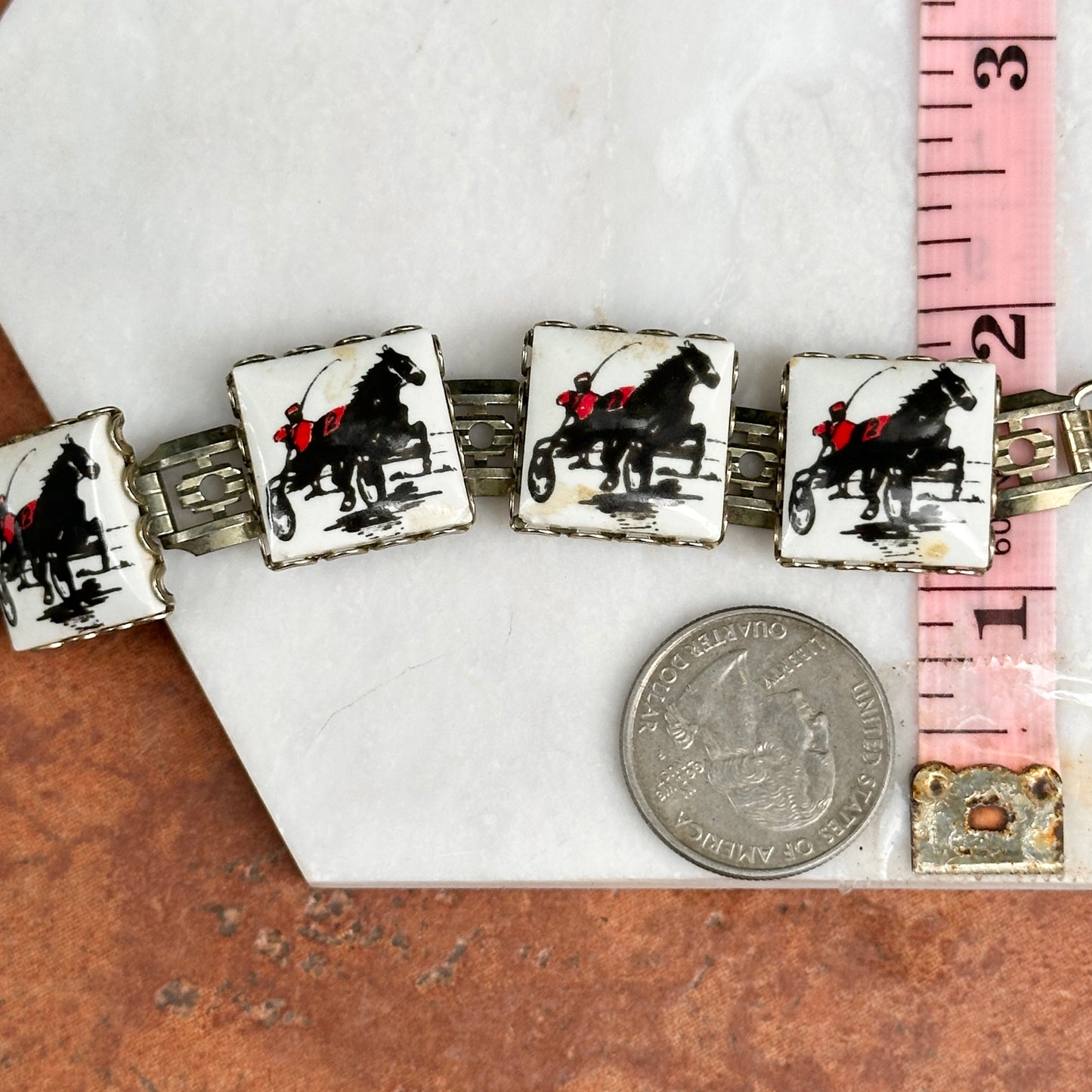 Estate Silver-Tone + Enamel Racing Horse Square Link Bracelet