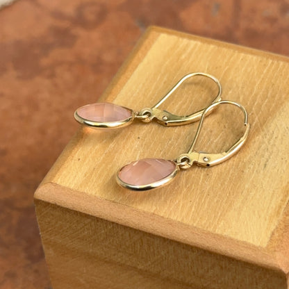 Estate 14KT Yellow Gold Checkerboard Round Pink Rose Quartz Dangle Earrings