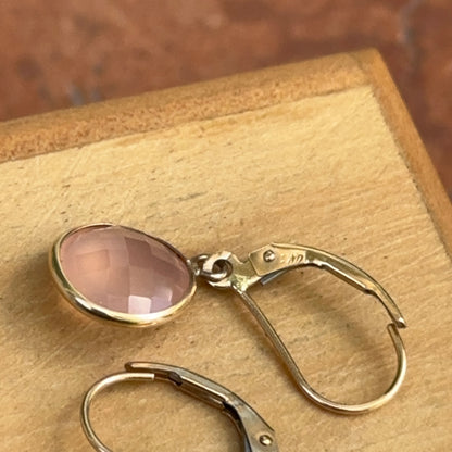 Estate 14KT Yellow Gold Checkerboard Round Pink Rose Quartz Dangle Earrings