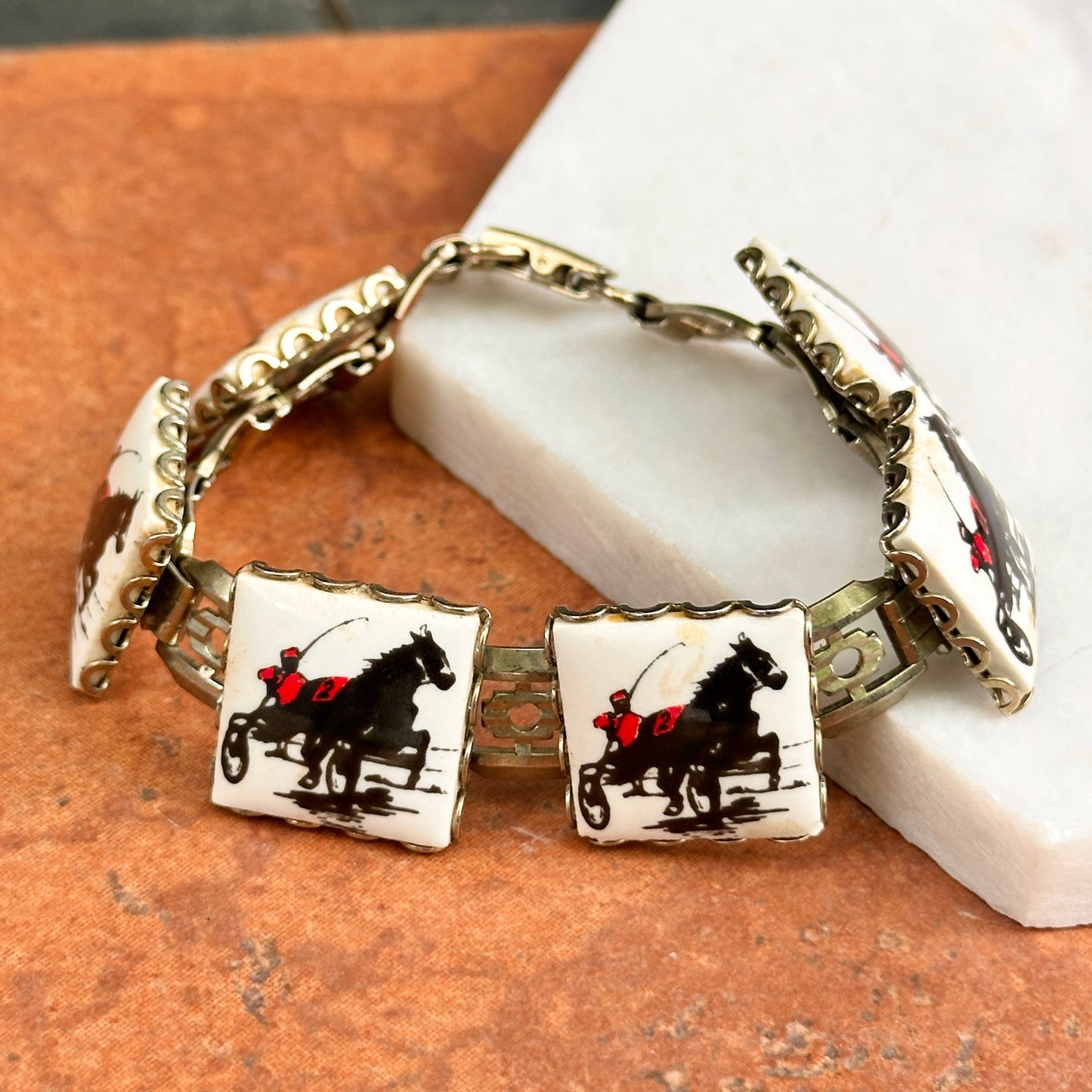 Estate Silver-Tone + Enamel Racing Horse Square Link Bracelet