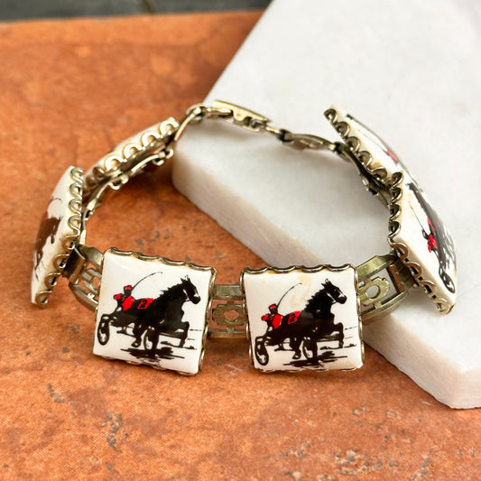 Estate Silver-Tone + Enamel Racing Horse Square Link Bracelet