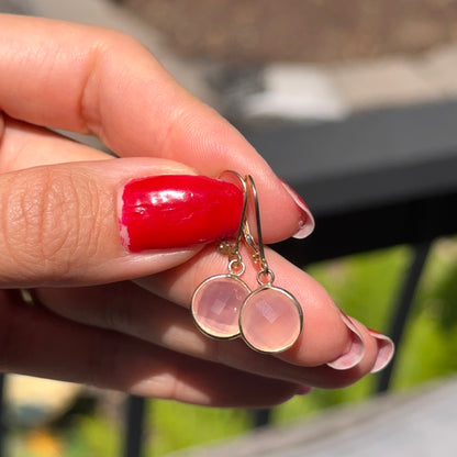 Estate 14KT Yellow Gold Checkerboard Round Pink Rose Quartz Dangle Earrings