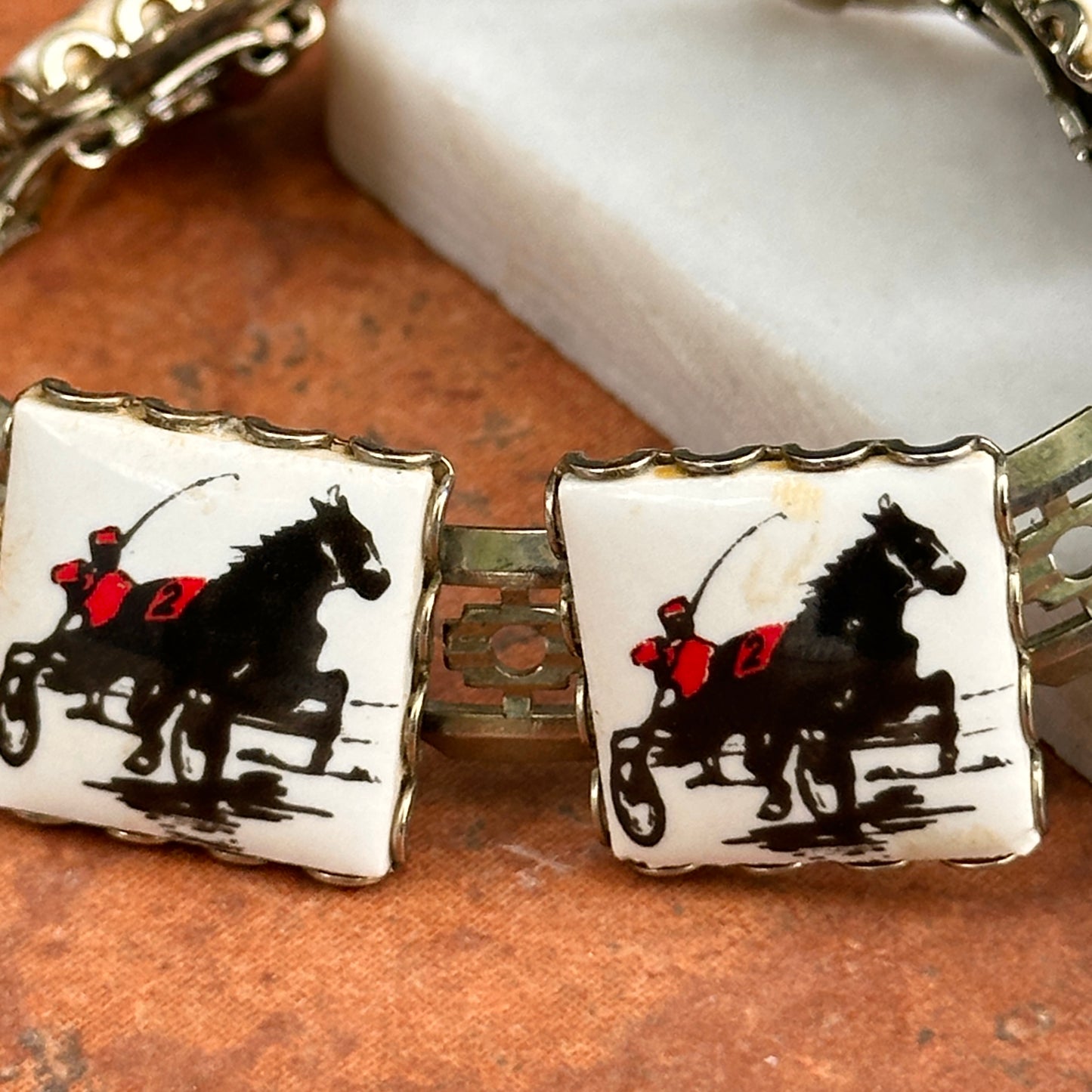 Estate Silver-Tone + Enamel Racing Horse Square Link Bracelet