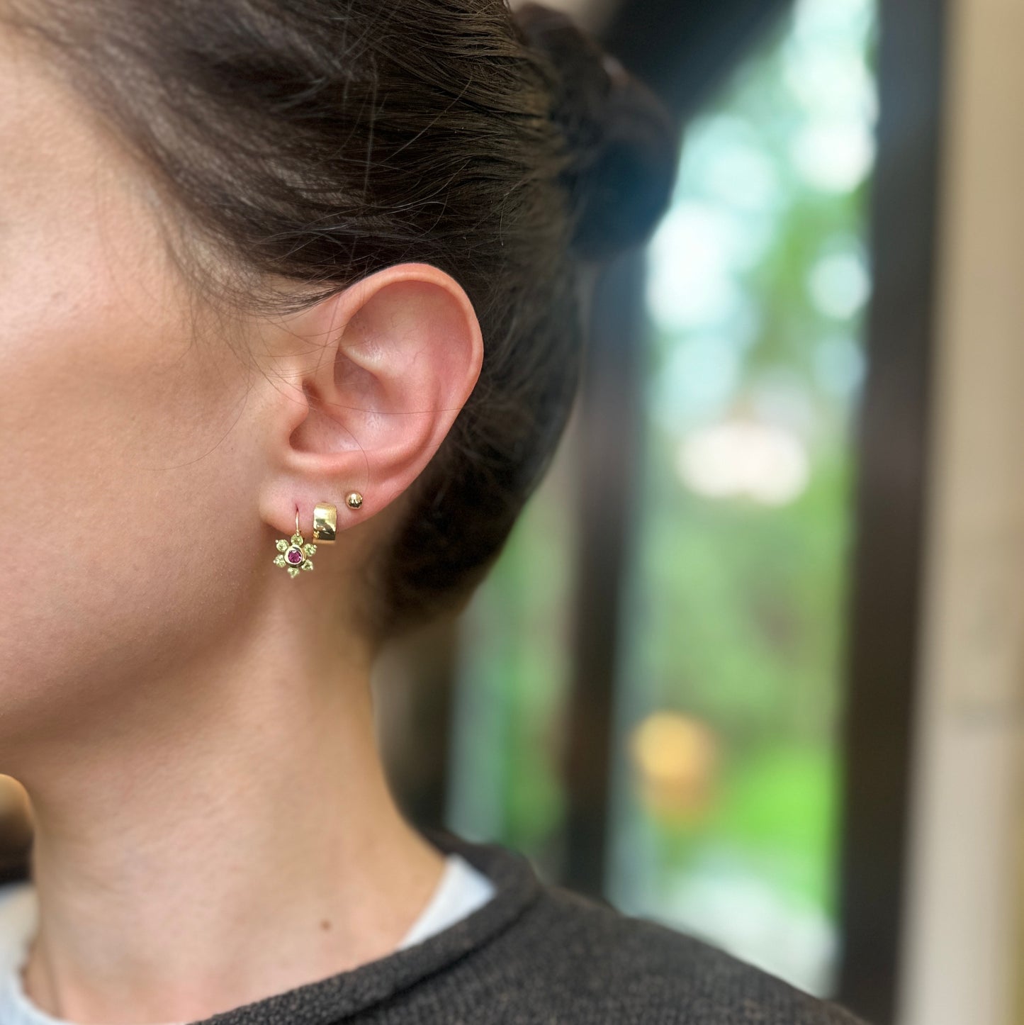Estate 14KT Yellow Gold Floral Peridot + Garnet Drop Earrings Tiny - LSJ