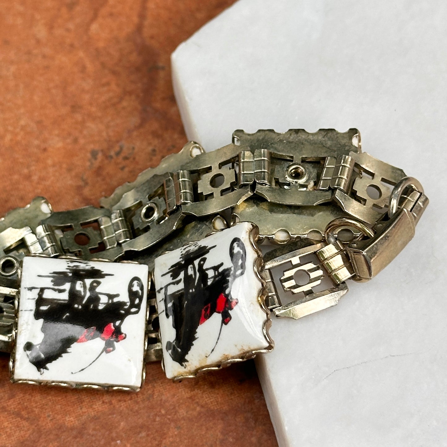 Estate Silver-Tone + Enamel Racing Horse Square Link Bracelet