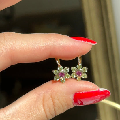 Estate 14KT Yellow Gold Floral Peridot + Garnet Drop Earrings Tiny - LSJ