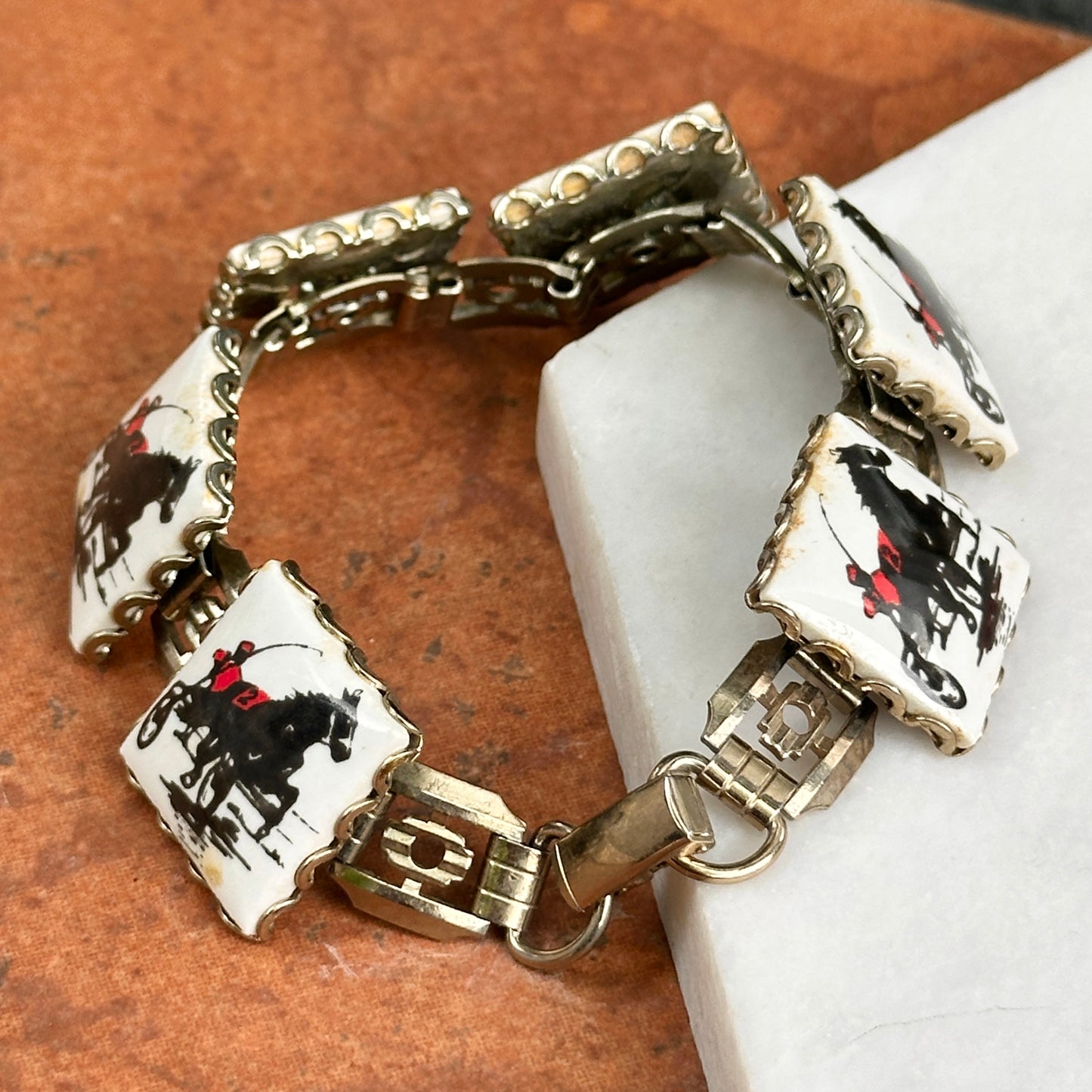 Estate Silver-Tone + Enamel Racing Horse Square Link Bracelet