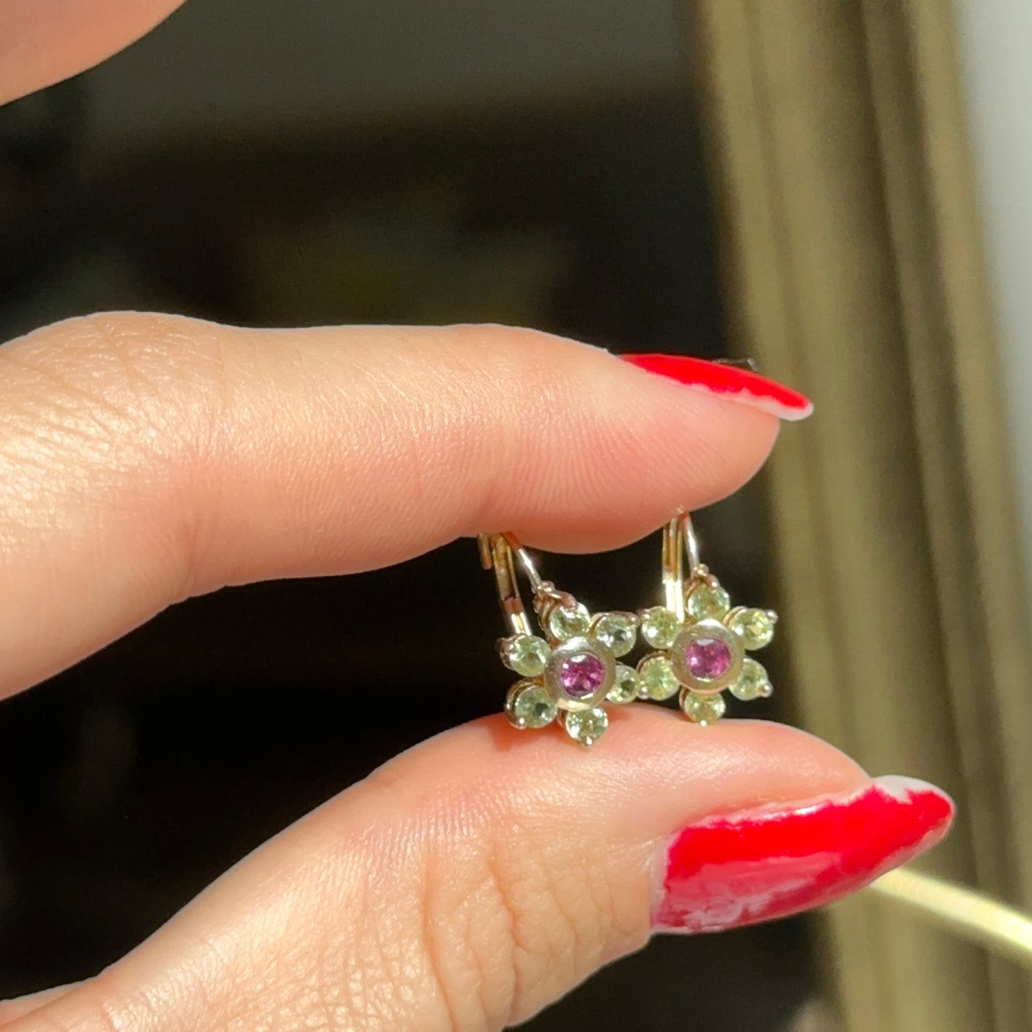 Estate 14KT Yellow Gold Floral Peridot + Garnet Drop Earrings Tiny - LSJ