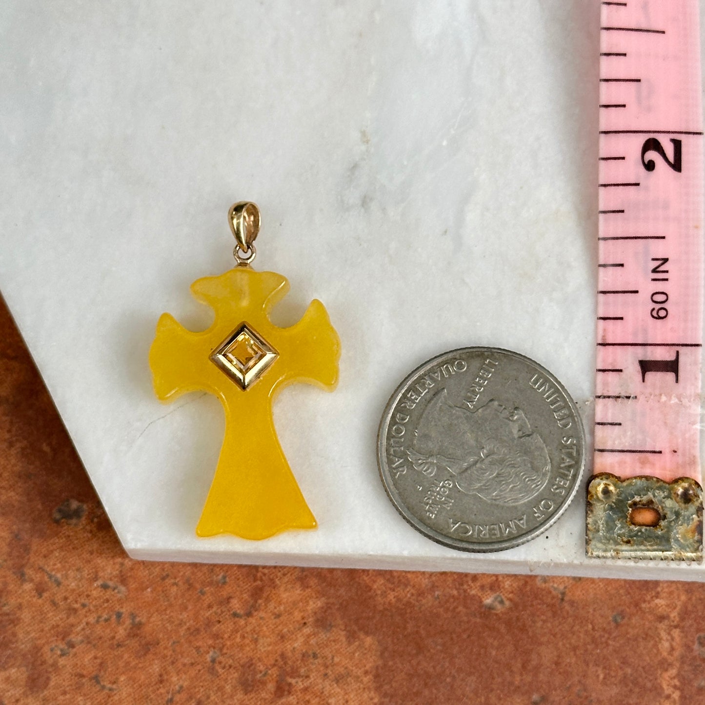 14KT Yellow Gold Yellow Jade + Square Citrine Cross Pendant&nbsp;