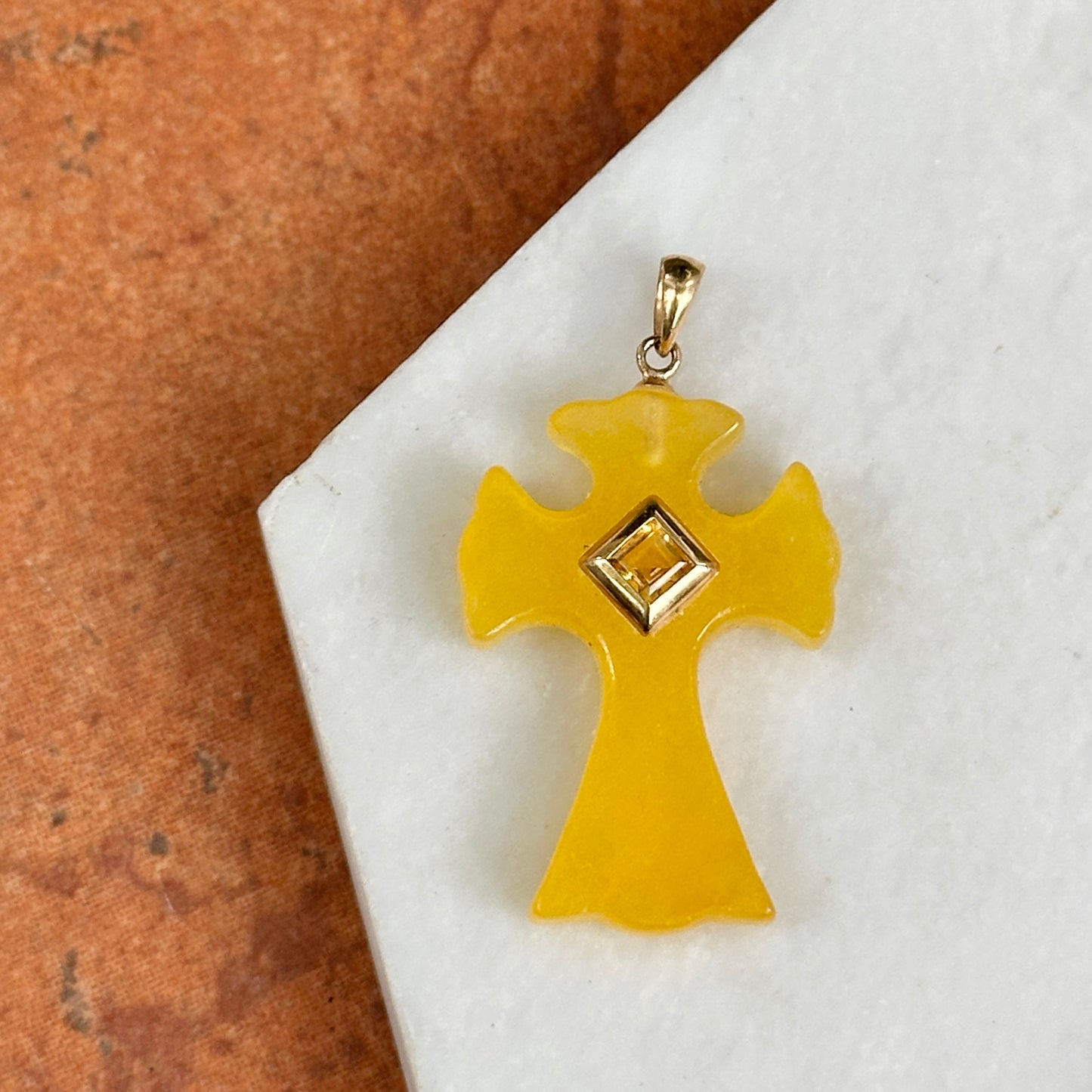 14KT Yellow Gold Yellow Jade + Square Citrine Cross Pendant&nbsp;