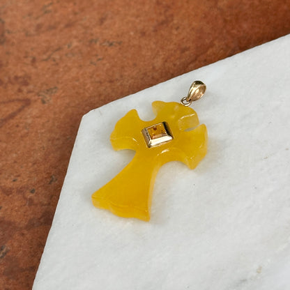 14KT Yellow Gold Yellow Jade + Square Citrine Cross Pendant&nbsp;