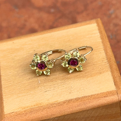 Estate 14KT Yellow Gold Floral Peridot + Garnet Drop Earrings Tiny - LSJ