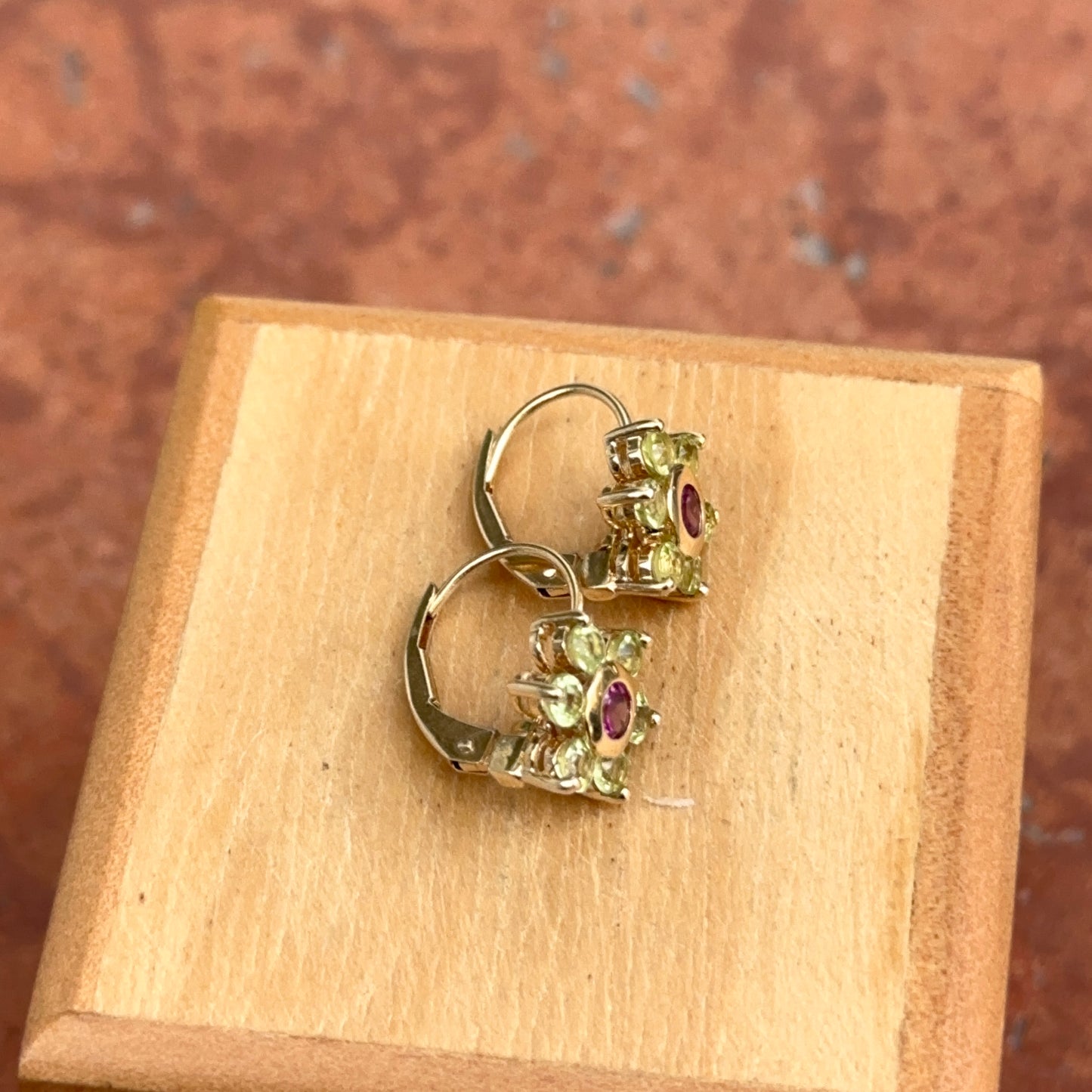 Estate 14KT Yellow Gold Floral Peridot + Garnet Drop Earrings Tiny - LSJ