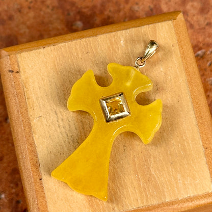 14KT Yellow Gold Yellow Jade + Square Citrine Cross Pendant&nbsp;