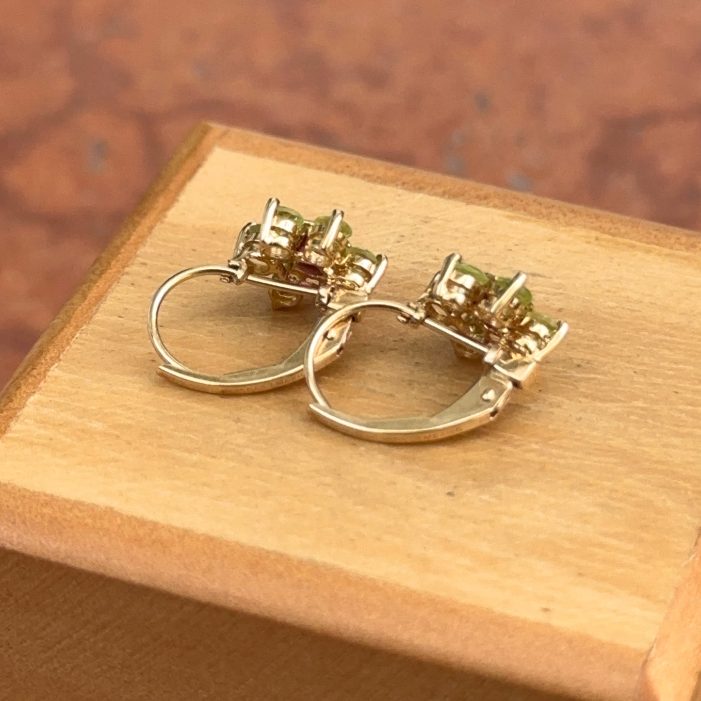 Estate 14KT Yellow Gold Floral Peridot + Garnet Drop Earrings Tiny - LSJ