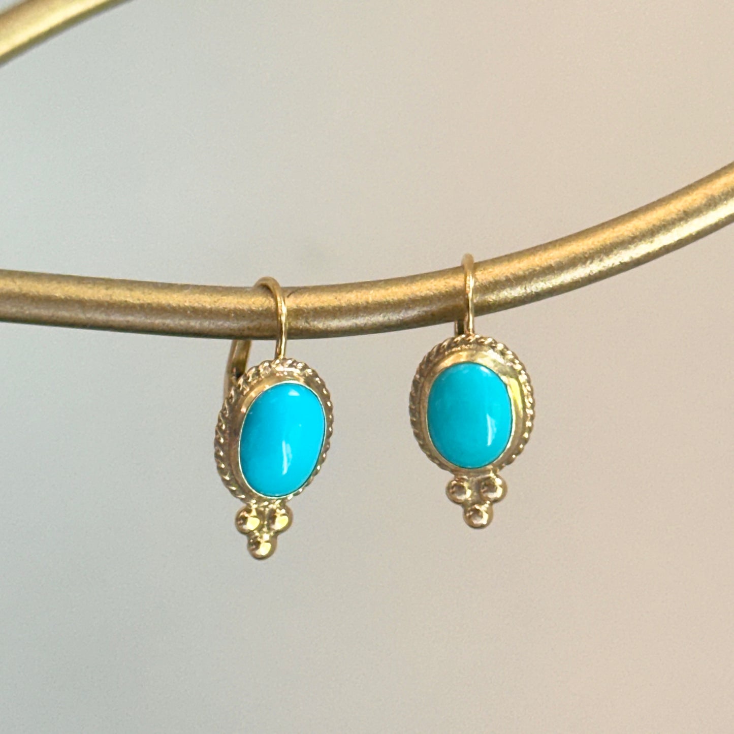 14KT Yellow Gold Cabochon Oval Turquoise Frame Lever Back Earrings