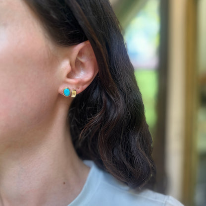 14KT Yellow Gold Small Oval Cabochon Turquoise Gemstone Milgrain Earrings - LSJ