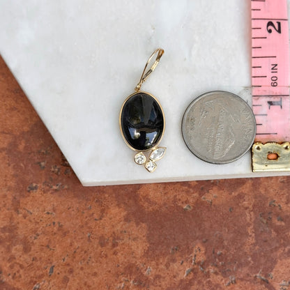 Estate 14KT Yellow Gold Oval Cabochon Dark Sapphire + White Sapphire Earrings