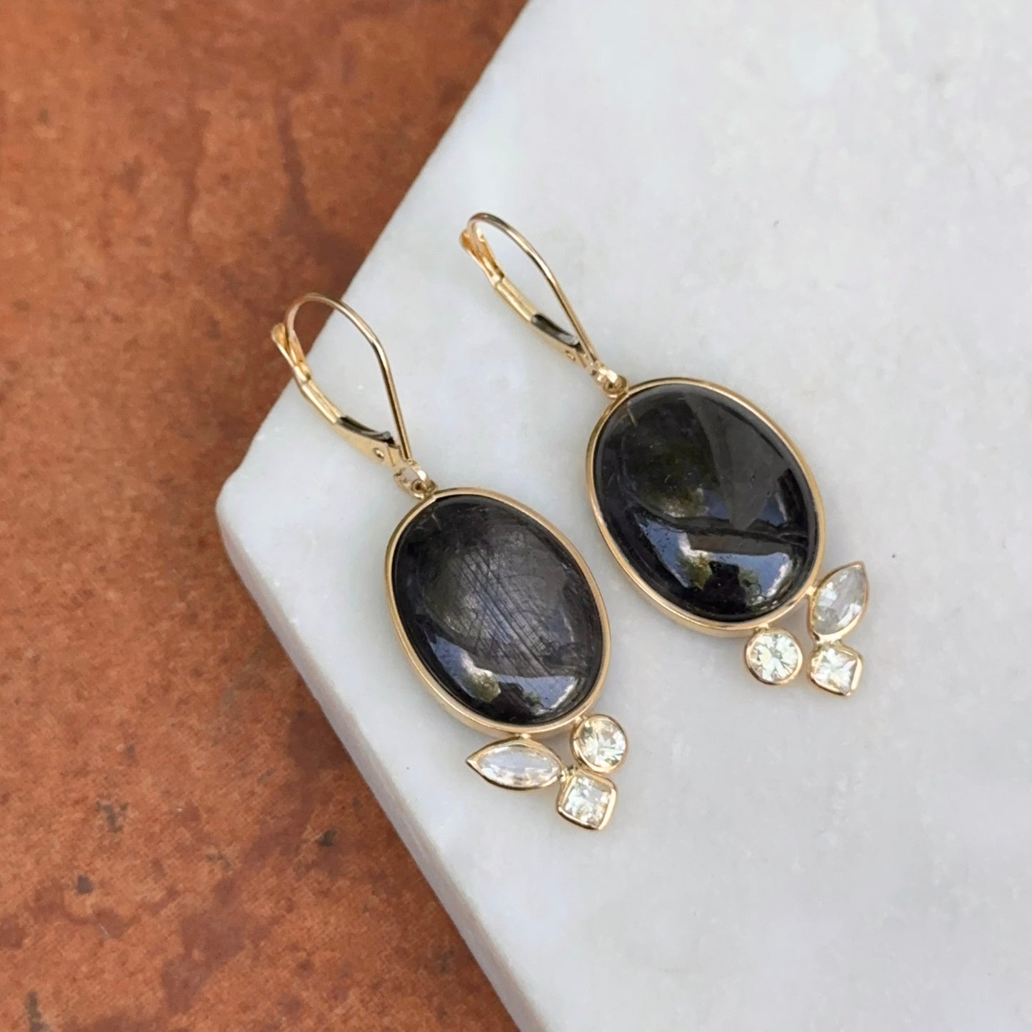 Estate 14KT Yellow Gold Oval Cabochon Dark Sapphire + White Sapphire Earrings