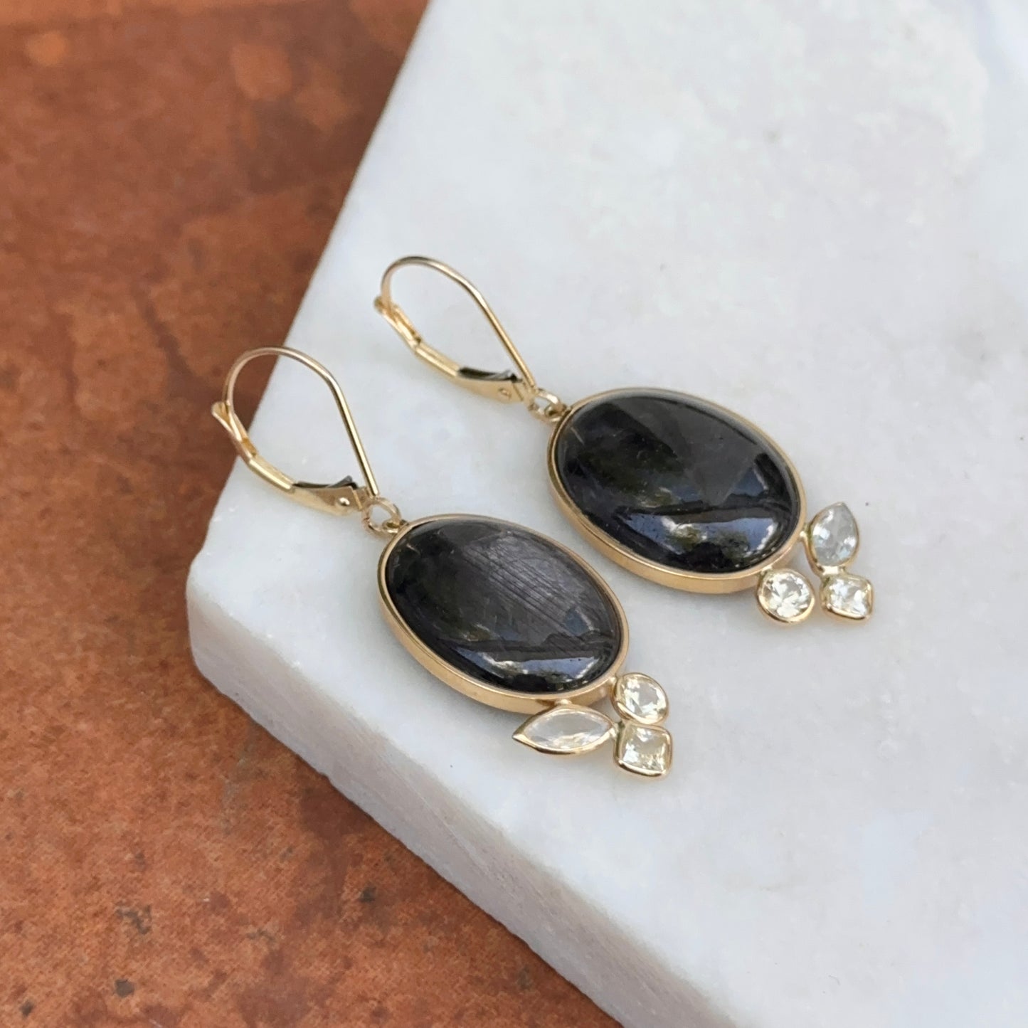 Estate 14KT Yellow Gold Oval Cabochon Dark Sapphire + White Sapphire Earrings
