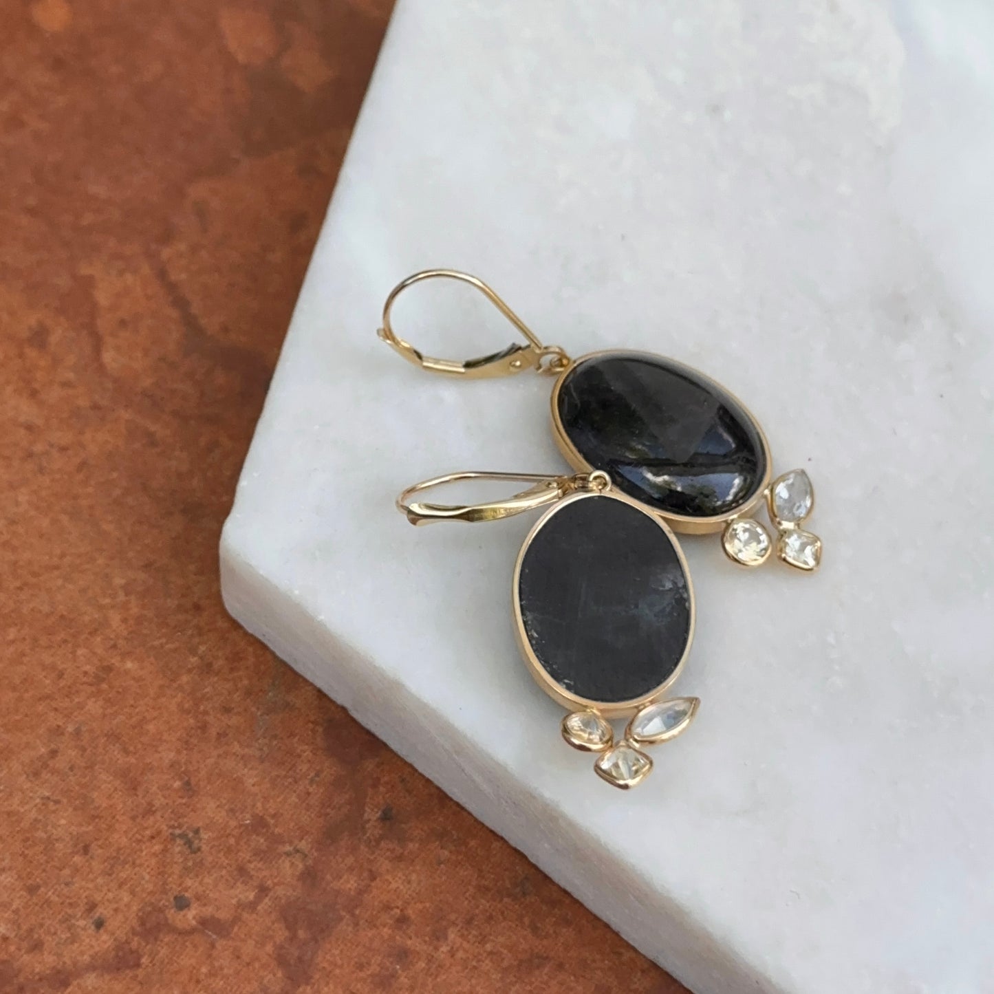 Estate 14KT Yellow Gold Oval Cabochon Dark Sapphire + White Sapphire Earrings