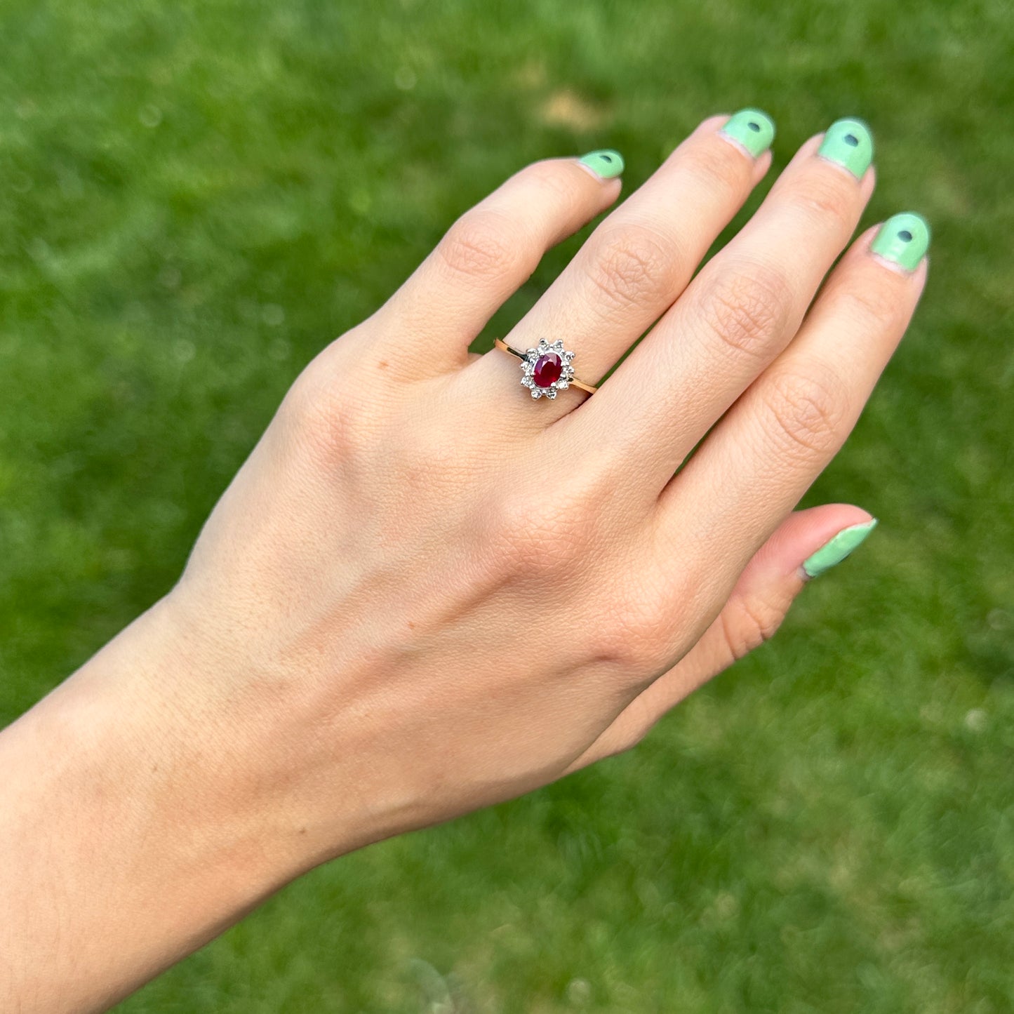 Estate 10KT Yellow + White Gold Oval Ruby + Diamond Halo Ring