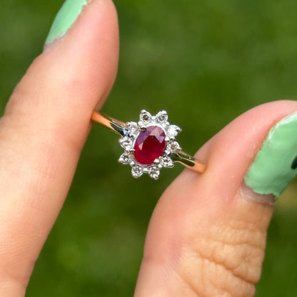 Estate 10KT Yellow + White Gold Oval Ruby + Diamond Halo Ring