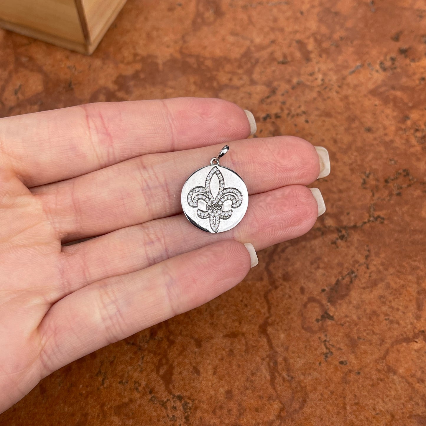 14KT White Gold Pave Diamond Fleur de Lis Design Round Pendant