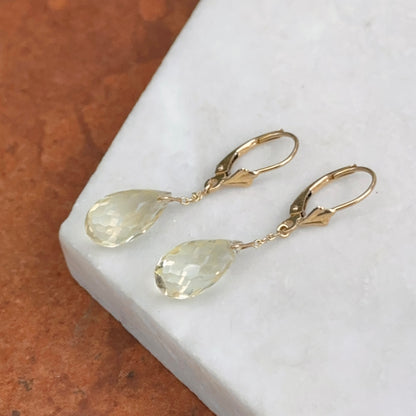 Estate 14KT Yellow Gold Briolette Pale Yellow Lemon Quartz Drop Earrings