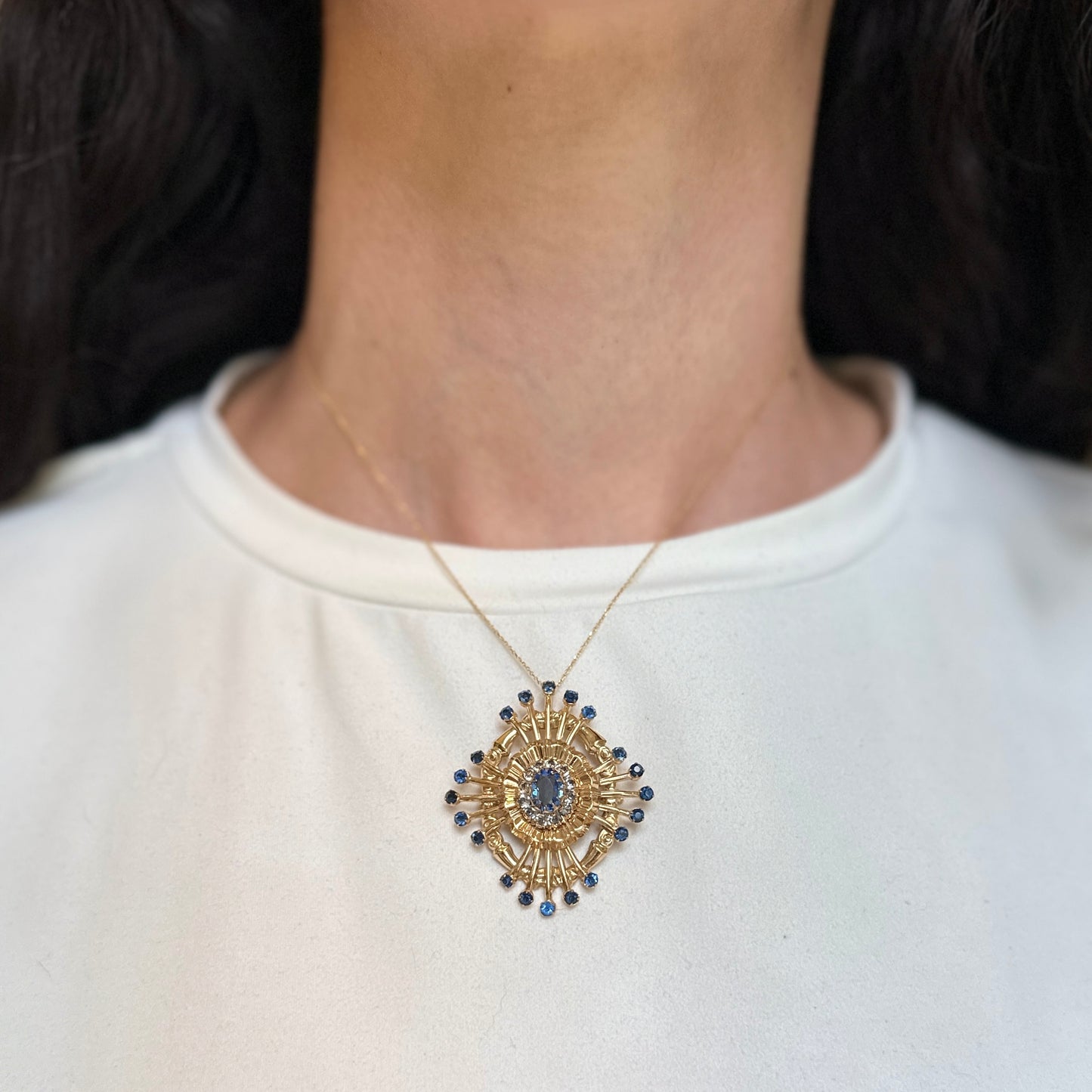 Estate 10KT Yellow Gold Oval and Round Blue Stone Pin + Swivel Bail for Pendant