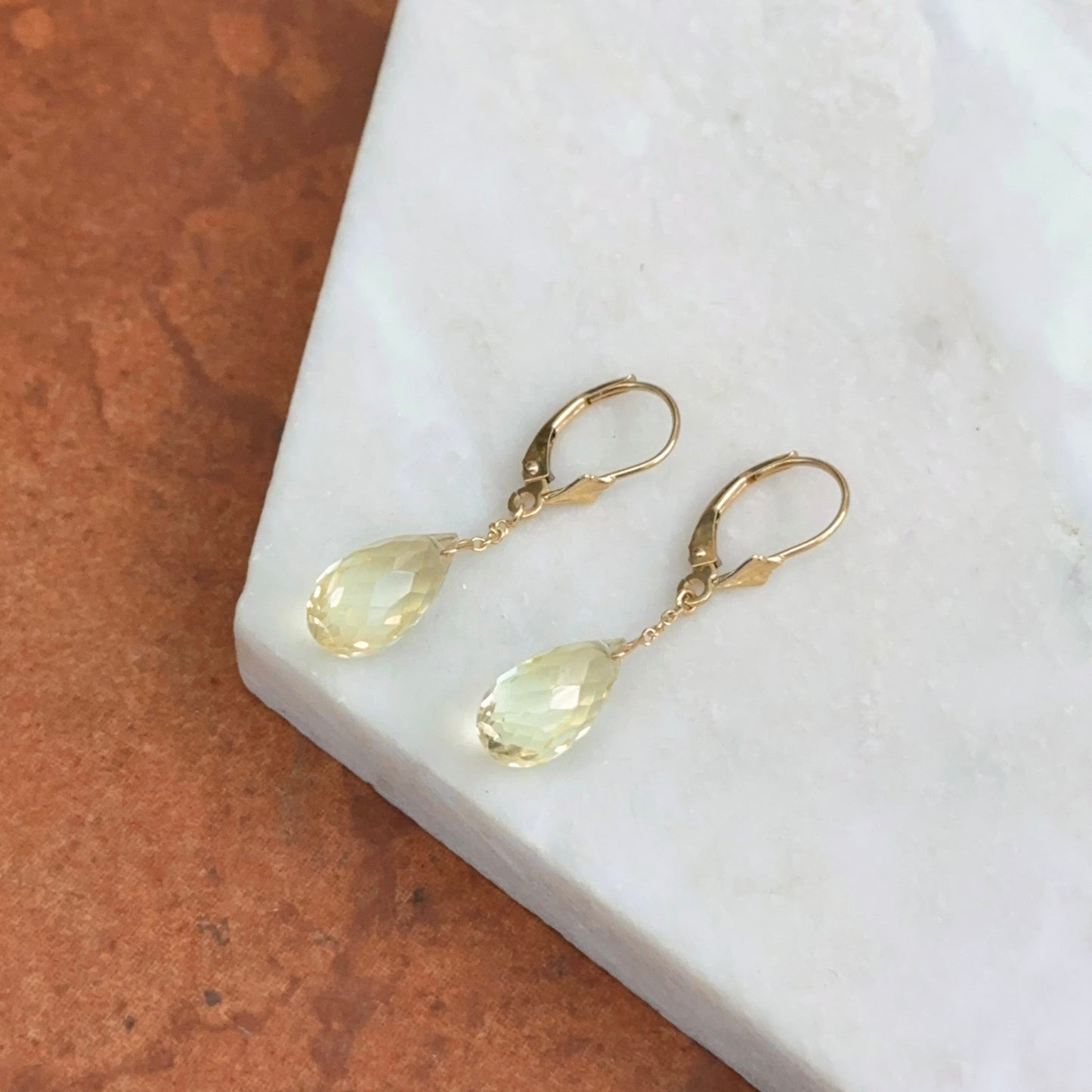 Estate 14KT Yellow Gold Briolette Pale Yellow Lemon Quartz Drop Earrings